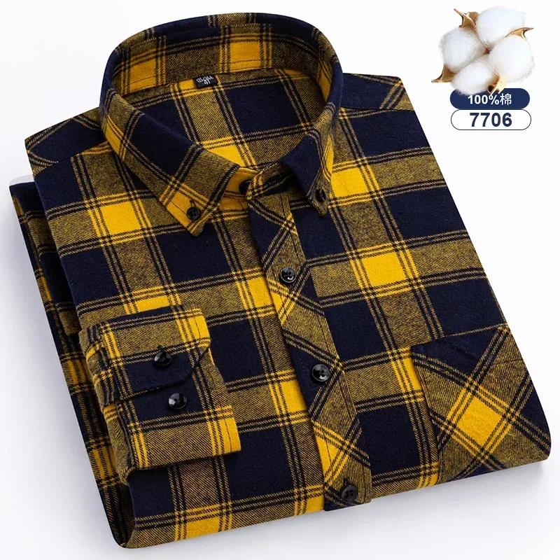 Herbst Dickes Flanellhemd Karomuster Hemden Standard-Passform Für Herren Langarm Reine Baumwolle Mode Einzelnes Aufgesetztes Taschendesign Jung