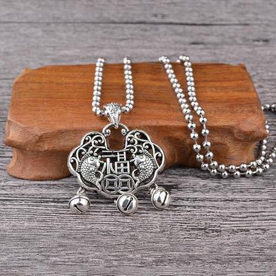 Collana Lunga Etnica Farfalla Orientale - Ciondolo Retro Lucchetto della Longevità e Catena a Perle Rotonde per Uomo e Donna