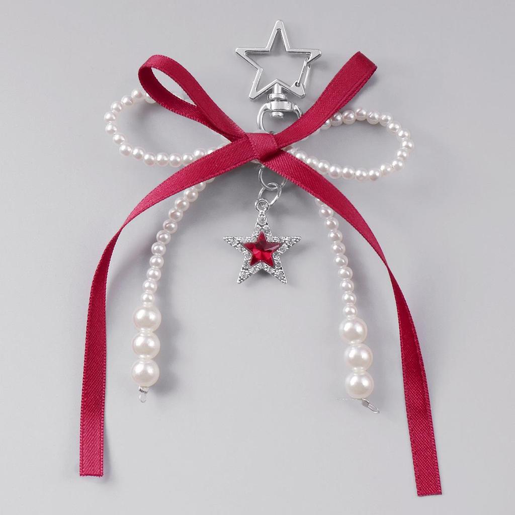 Versatile Multi-Color Webbing Faux Pearl Bow Rhinestone Star Keychain Charm