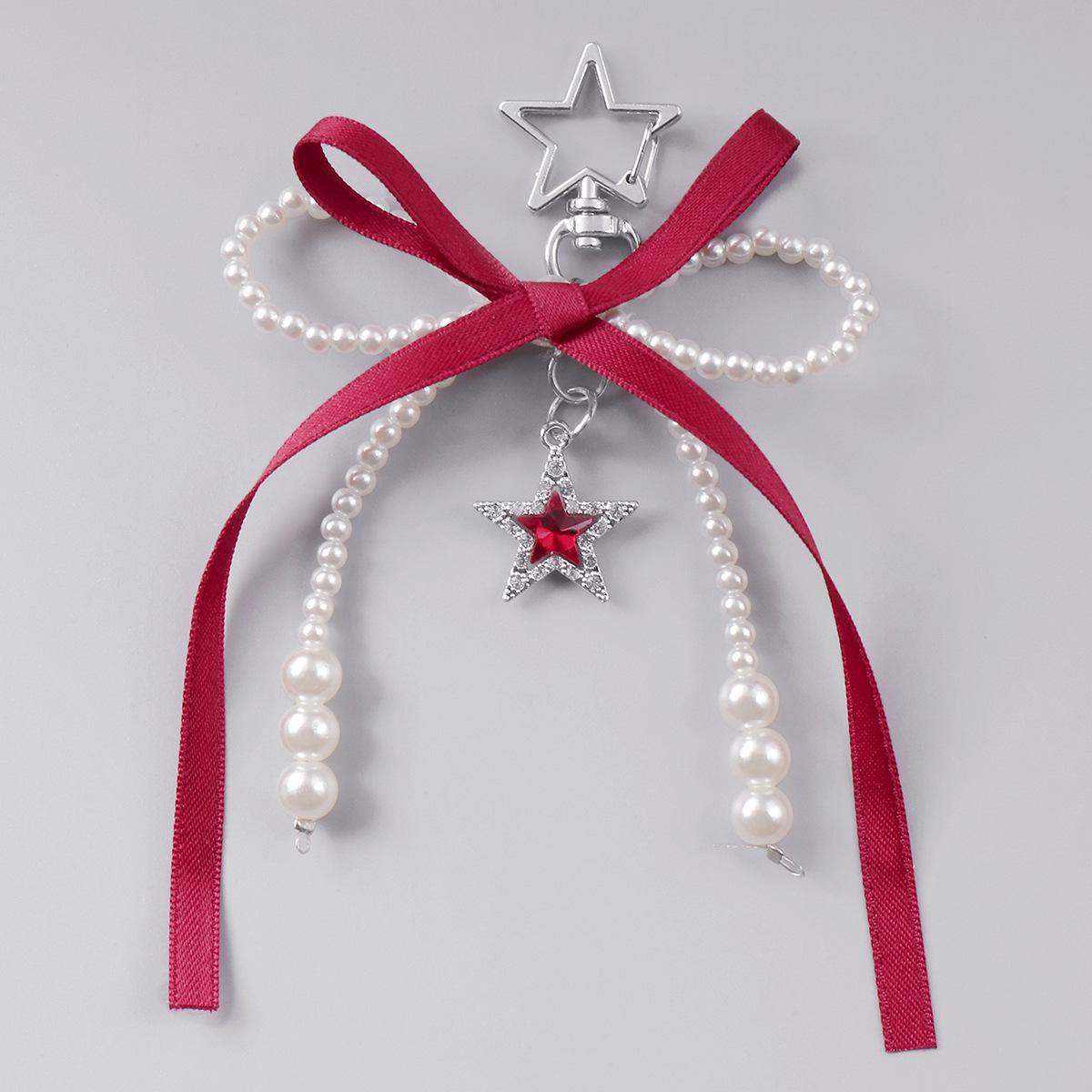 

Versatile Multi-Color Webbing Faux Pearl Bow Rhinestone Star Keychain Charm