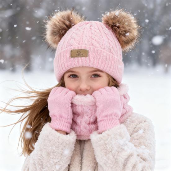 Yousheng 3Pcs/Set Kids Winter Hat Scarf Gloves Set Two Plush Ball Decor Twist Texture Brimless Hat Knitting Gloves Fleece Lining Neck Gaiter Set