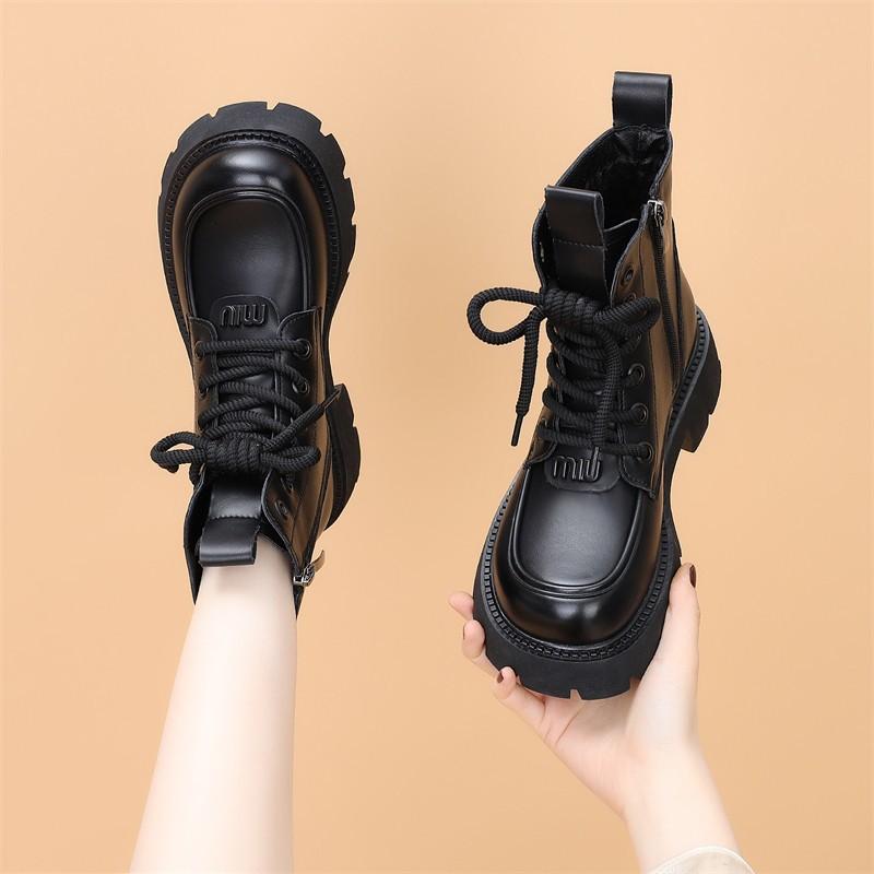 Fashion Trend Martin Boots Thick-soled Comfortable Fashion Boots Women's Autumn and Winter New Lace-up Velvet Leather Boots
