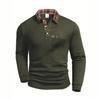 Men's Casual Grey Waffle Plaid Trim Long Sleeve Autumn Polo