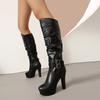 High Heel Tip Knight Boots Slim Heel Pants Leather Boots Round Head Boots Pleated Fashion Large Size 47