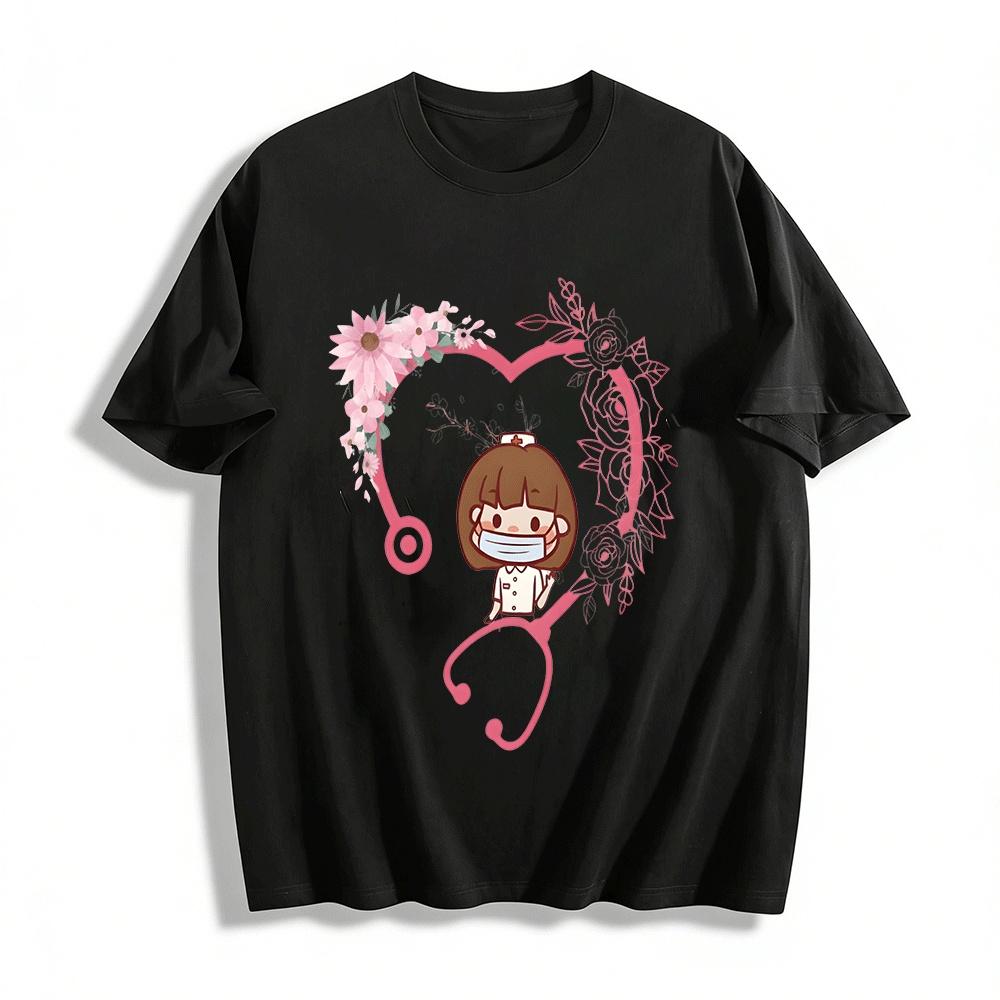 Cute Nurse Pink Heart Print Casual Crew Neck Top For Women Pure cotton T-shirt XXS