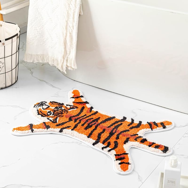 Orange Tiger Cute Bath Mat for Bathroom Fun Tiger Cartoon Bath Rugs for Kids Non Slip Animal Shaped Bathtub Mat Absorbent Bathroom Plush Shower Rugs