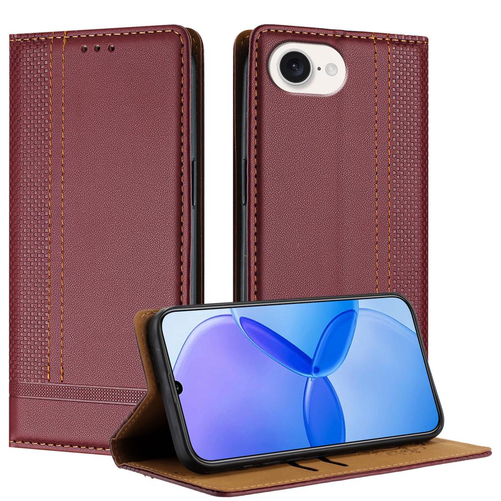 For iPhone 16e Case L-Shaped Grid Pattern Leather Stand Phone Cover with Card Slots