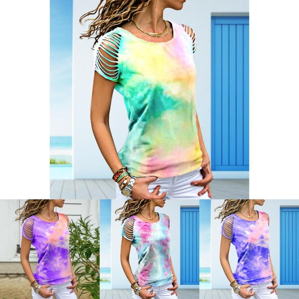 Womens Vibrant Tie-dye Printed Tops Casual Short Sleeve Blouse Perfect For Summer