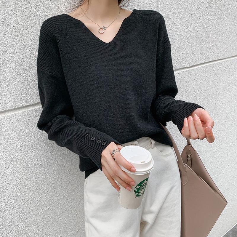 Autumn V-neck Knitted Bottoming Shirt Women's Solid Color Loose Casual Versatile Sweater Jacket Top Splicing Design