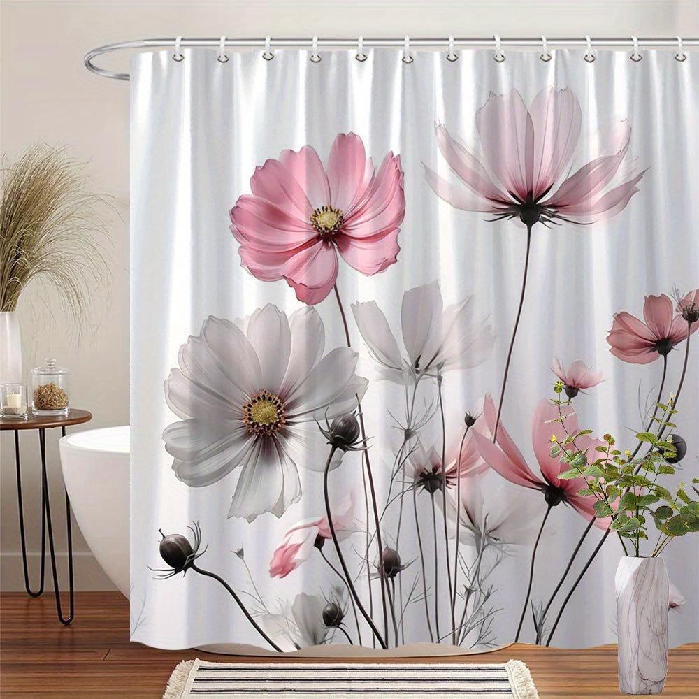 

Очаровательная цветочная шторка для душа для романтичной и уютной ванной комнаты, украшенная нежными розовыми и белыми цветами космеи. W140XH180cm