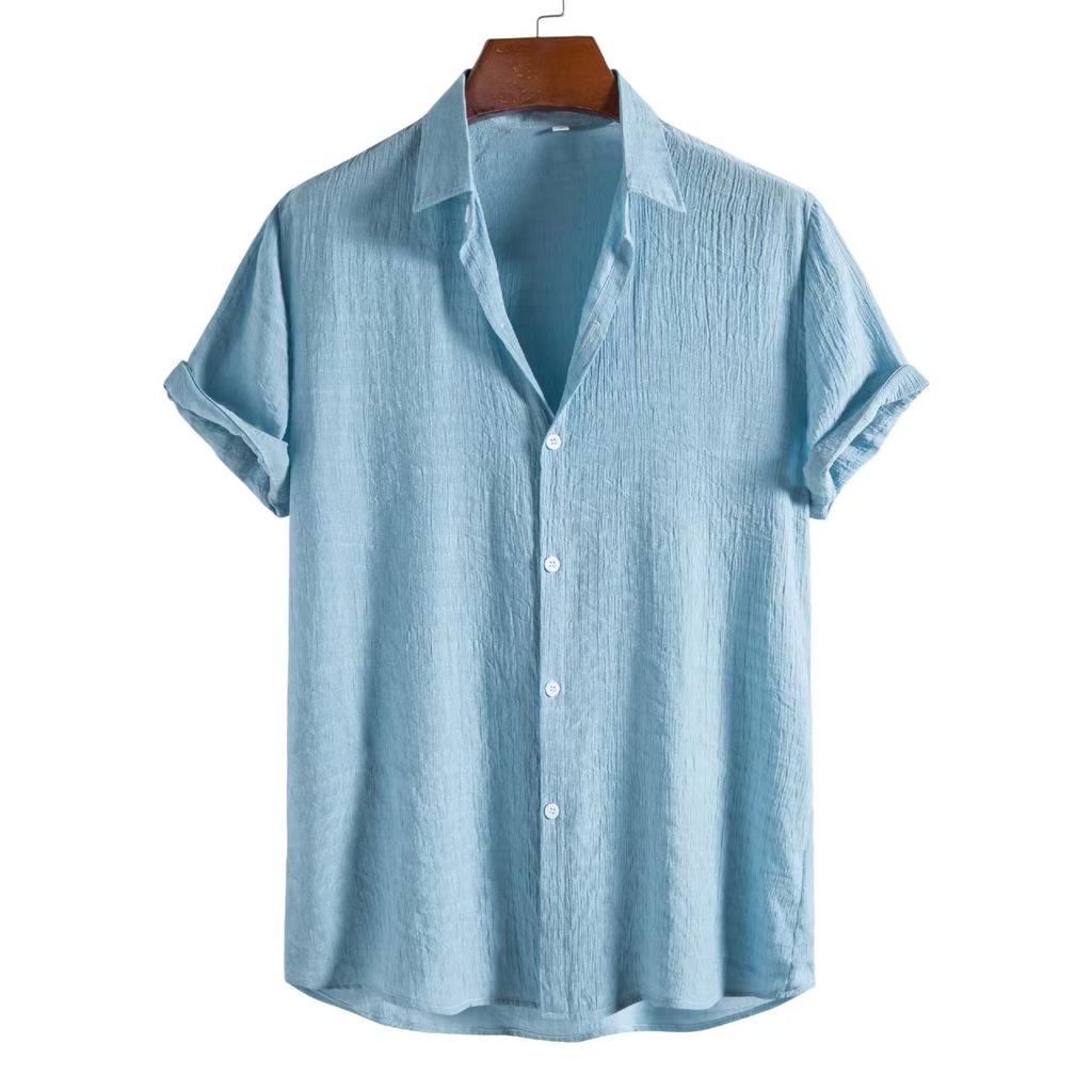 Man cotton shirt men's fashion trend solid color shirt dark compartment short sleeve men's shirt men's