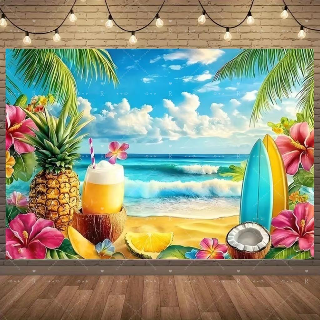 Summer Beach Holiday Party Decoration Backdrop Sunshine Flamingo Ocean Surfboard Portrait Photography Background Props Banner
