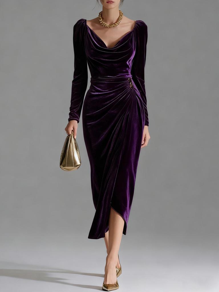 2025 Women's Casual Golden Velvet Slim Fit Long Sleeve Pleated Split Dress