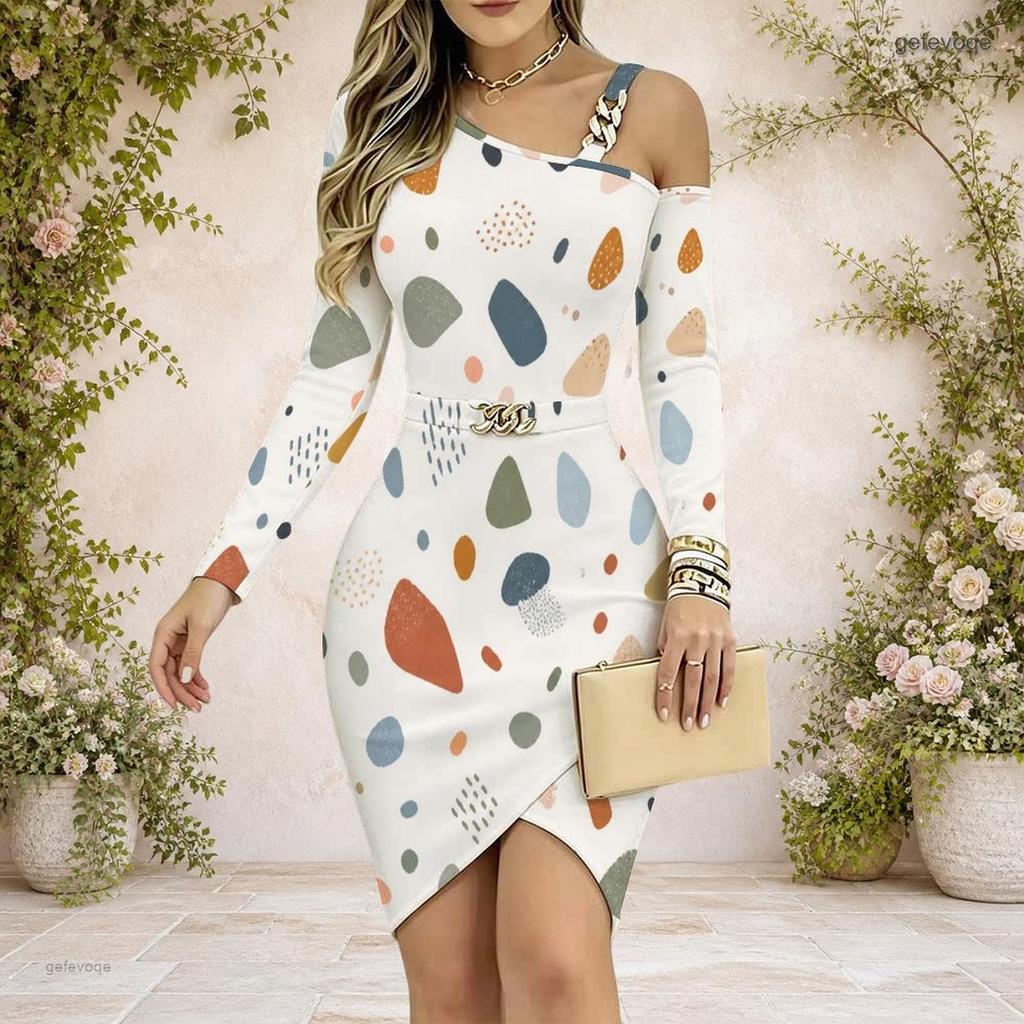 Women S Plus Size Chain Strap Cold Shoulder Long Sleeve Printed Asymmetrical Bodycon Dress