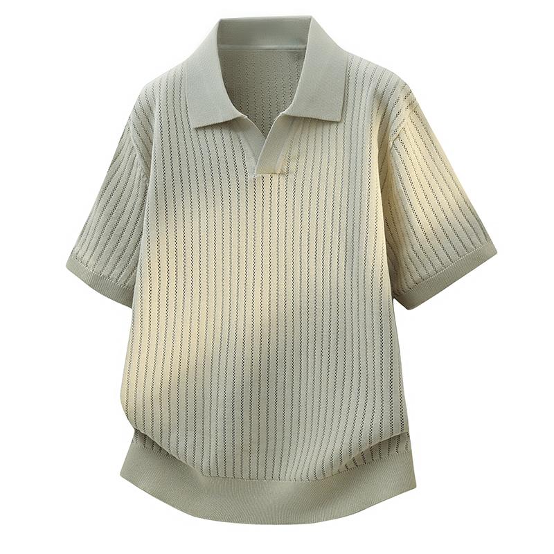 Short-sleeved Knitted T-shirt Men s Short-sleeved Breathable Casual POLO Collar Striped Men s T-shirt Half-sleeved Top 2XL