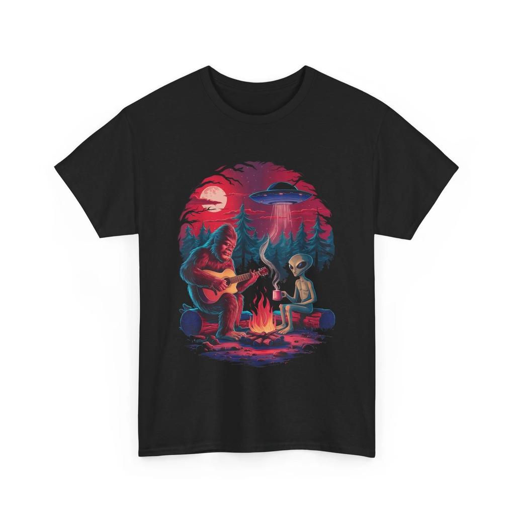 Funny Alien and BigfooT Shirt, Campfire Moon UFO Adventure Hiking T Shirt