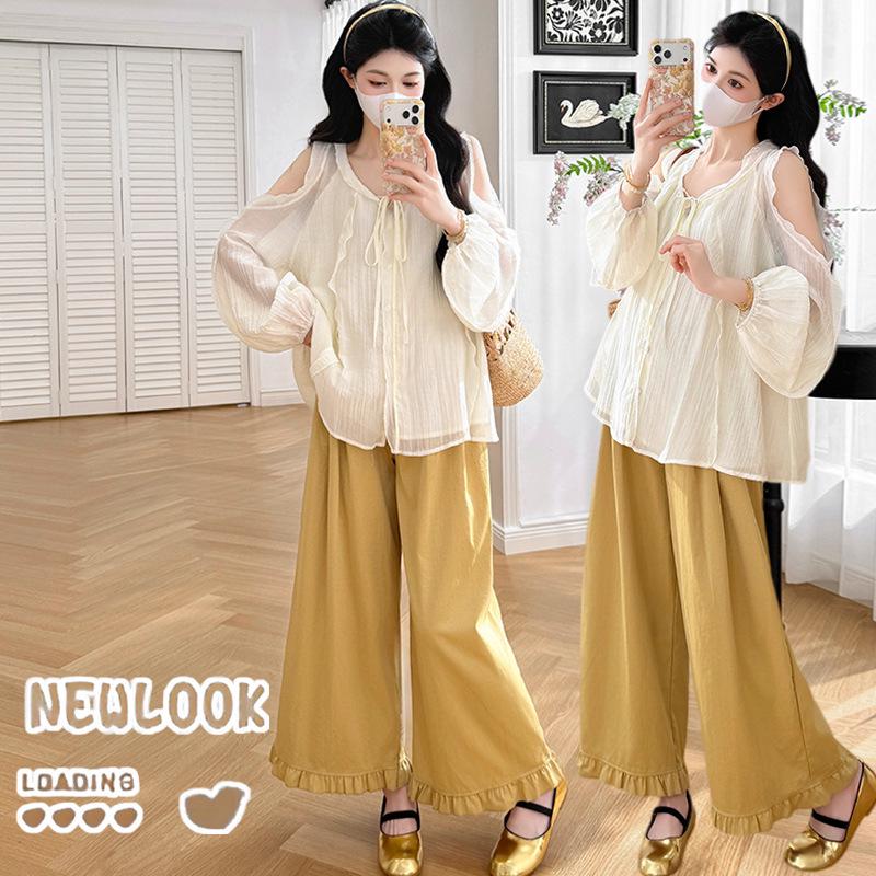 Chic Off-Shoulder Maternity Set: Loose Top & Wide-Leg Pants M