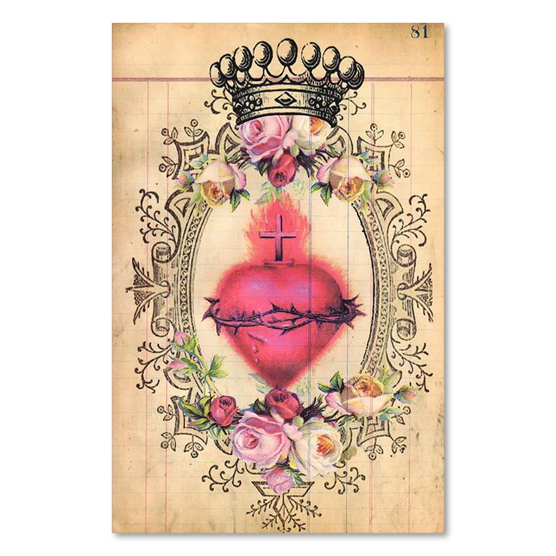 Vintage Sacred Heart of Jesus Poster Abstract Religion Canvas Painting Retro Flower Wall Art Picture For Home Decoration
