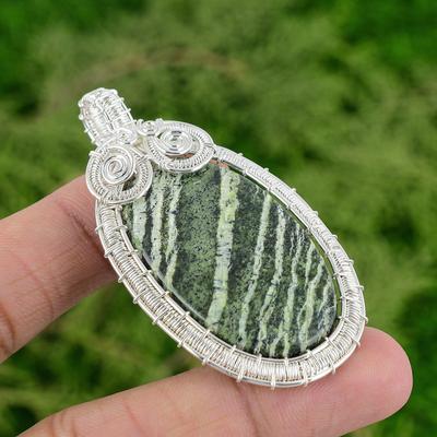Natural Green Rice Jasper Bezel Wire Wrapped Wedding Pendant Jewelry 925 Silver