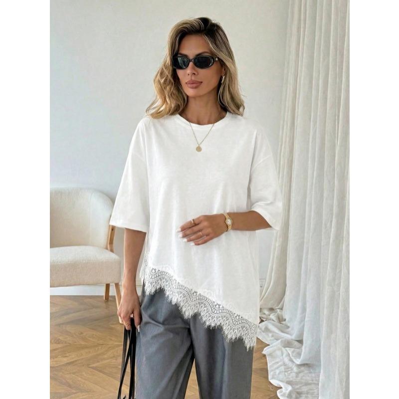 New Slanted Bottom Lace Splicing Short Sleeve T-shirt Sweet Irregular Top for Women Solid O Neck Loose Elegant Fashion Casual Office Blouse Basic Tees