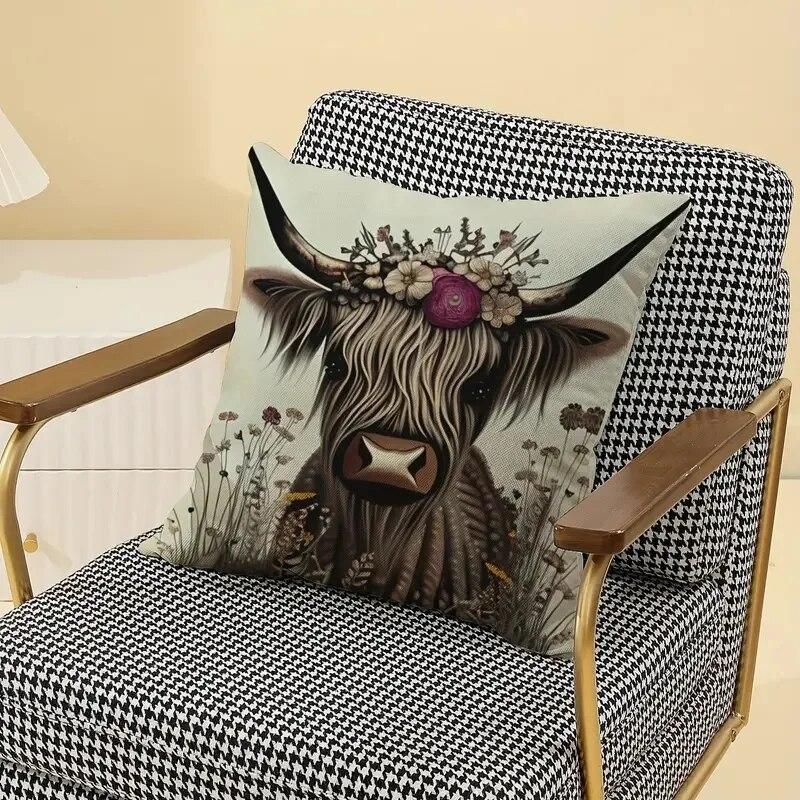 1Pc Long Haired Cow Linen Printed Pillowcase Suitable Soft Square Cushion Cover Without Pillow Core 45X45Cm Two Sides