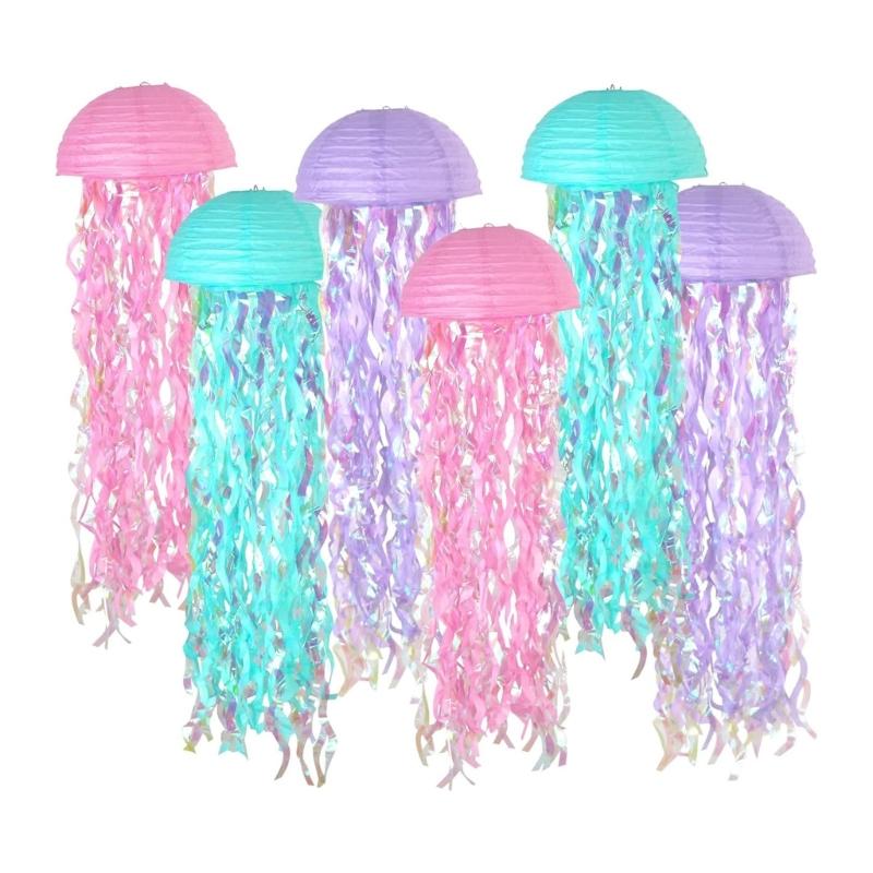 Set of 6 Ocean Theme Jellyfish Paper Hangings Colorful Hanging Decoration for Birthday Parties and Baby Showers