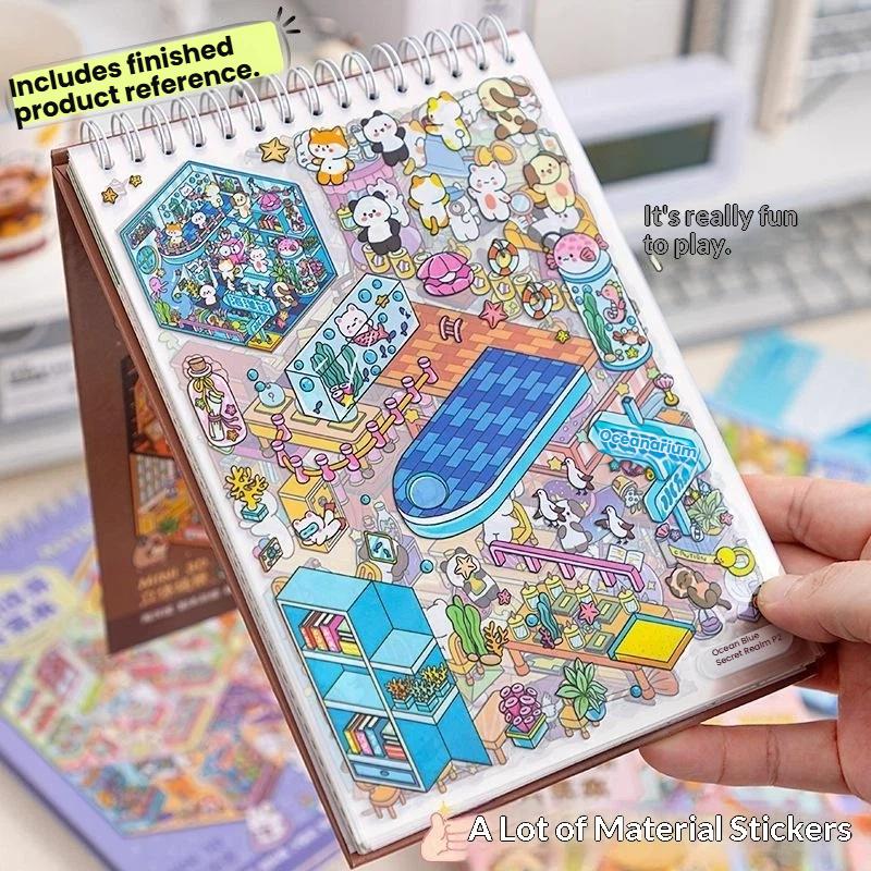3D Miniature Scene PET Sticker Book 20 Cute Cartoon Patterns Reusable PET for Holiday Card Invitation Envelope Decor