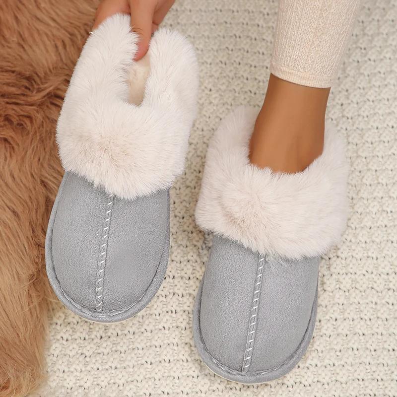 Fashion Closed Toe Warm Cotton Slippers Women Faux Fur Thicken Plush Winter Home Shoes Woman Lightweight Casual Indoor Slides Female