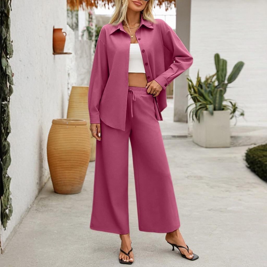 Dam Lös Casual Vårkofta Långärmad Skjorta Vida Ben Byxor Tvådelat Set