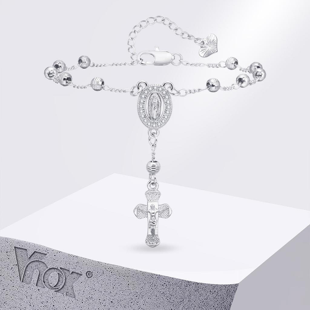 Vnox Virgin Mary Bracelets For Women,White Gold Plated Jesus Christ Charm Cross Pendant Bracelet, Religon Faith Church Jewelry