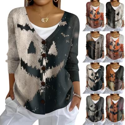 Women's Fashion Casual Knit Sweater Button-Up Halloween Printed  Cardigan Jacket