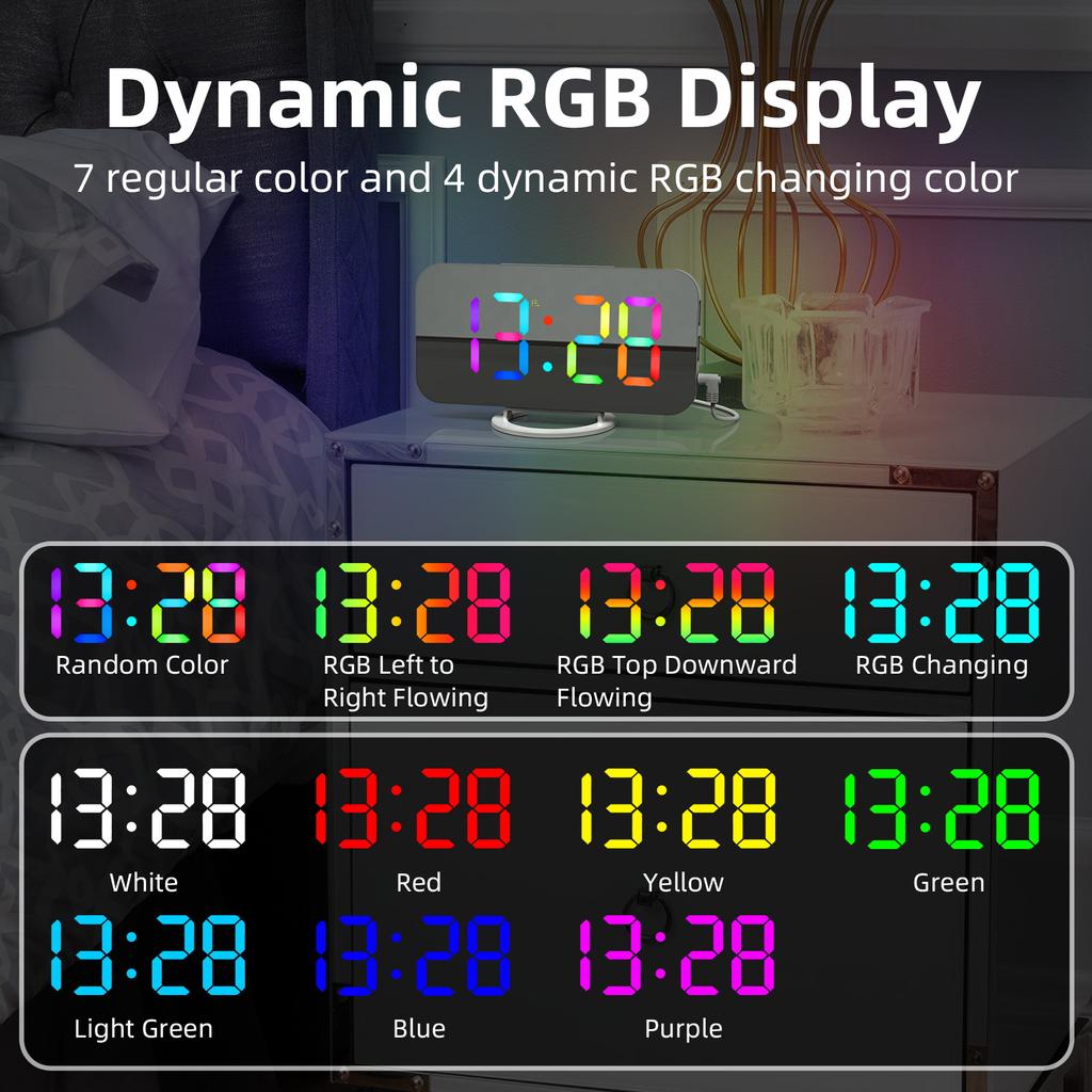 Digital Alarm Clock with Dynamic RGB Light Dimmable Brightness   Snooze Function USB   Port Mirror Clock 12HCelsius24H for Bedroom Home