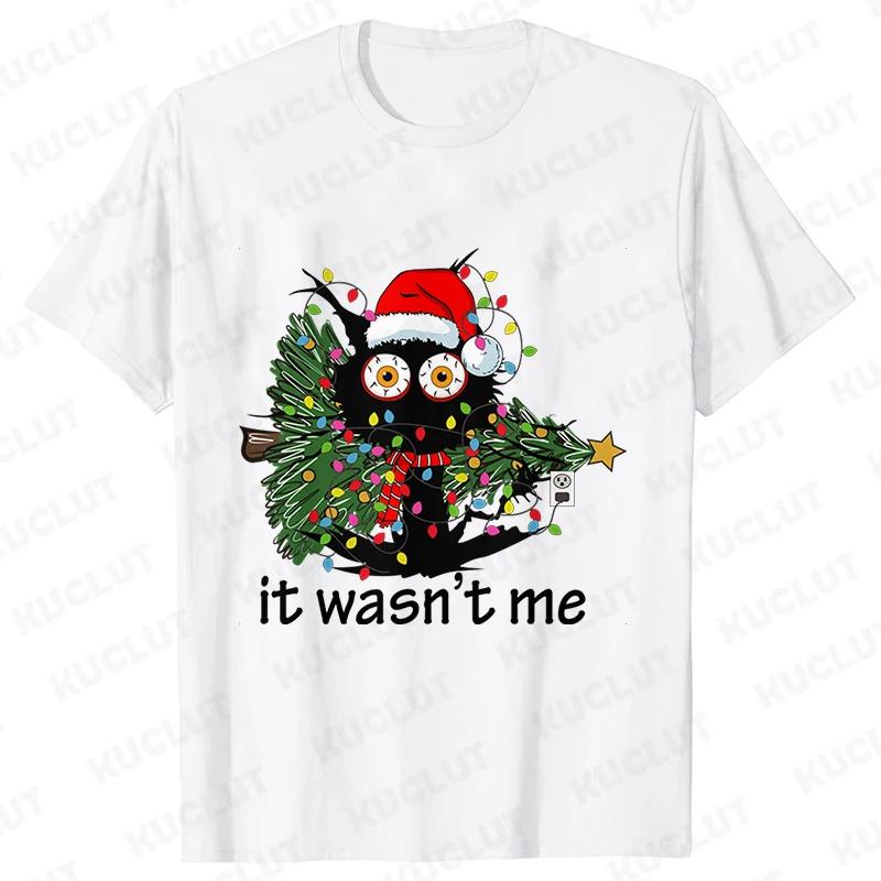 Ich war es nicht Weihnachten Katze Damenbekleidung Weihnachtsbaum Lässige Mode Ästhetik Kurzarm T-Shirts Cartoon Damen T-Shirts