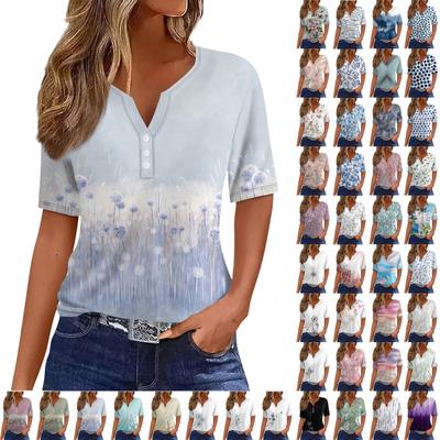 Women's Casual Sequin Printed V-Neck Short Sleeve Decorative Button T-Shirt Top