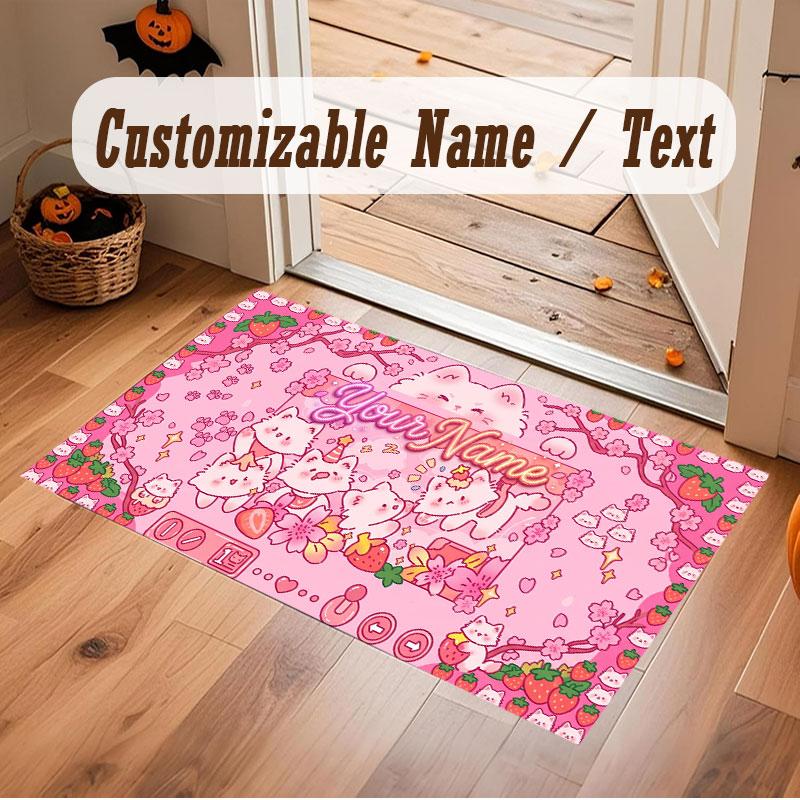 Cat Theme Crystal Velvet Floor Rug Personalized Custom Name Text Warm Carpet Home Decoration