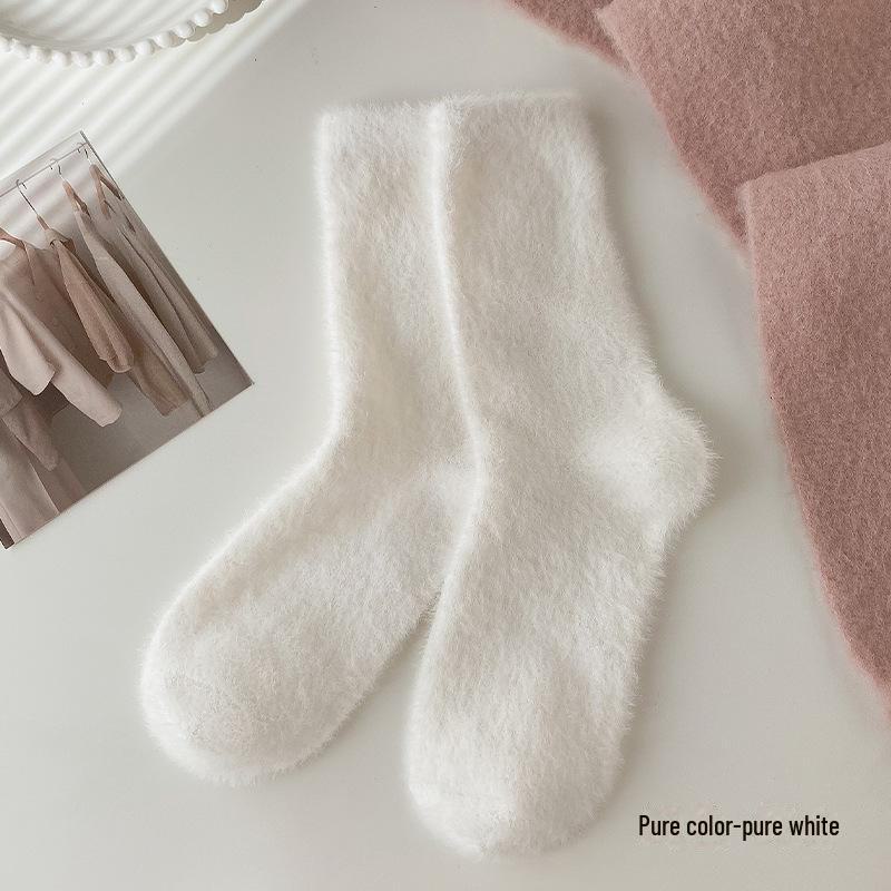 

Женские толстые носки средней длины из норкового бархата для осени и зимы - теплые плюшевые носки для сна pure color, one size чистый белый