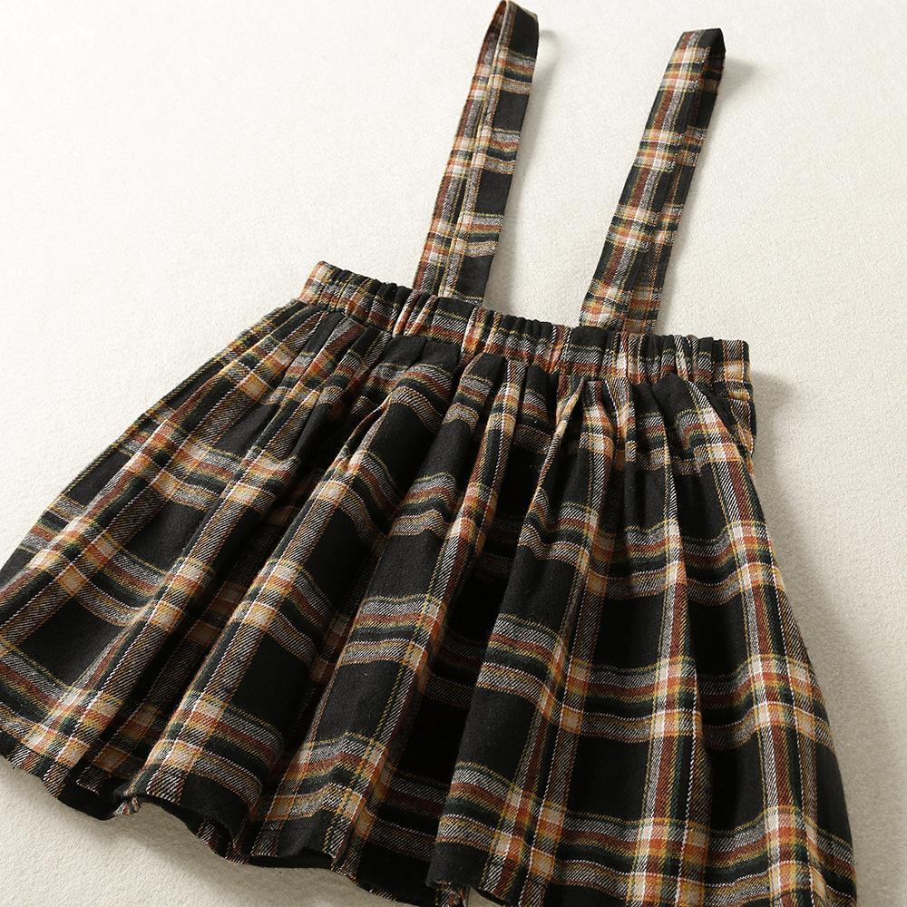 2pcs Girls Rib Knit Flounce Sleeve Stand Collar Tee Plaid Overall Dress
