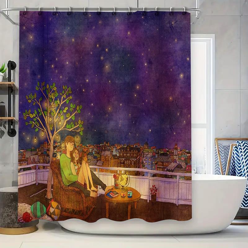 Anime Couple Landscape Shower Curtain Romantic City View Decor Bathroom Fabric Backdrop Wall Tapestry Home Decor 90x180cm
