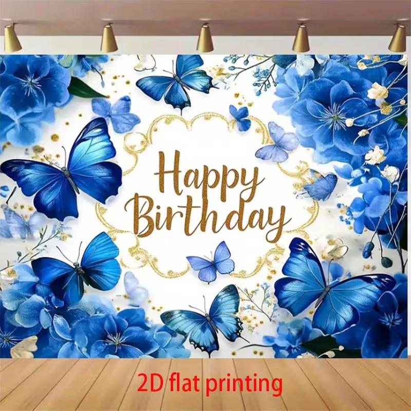 2D Blue Floral Butterfly Birthday Party Photo Booth Backdrop Decor