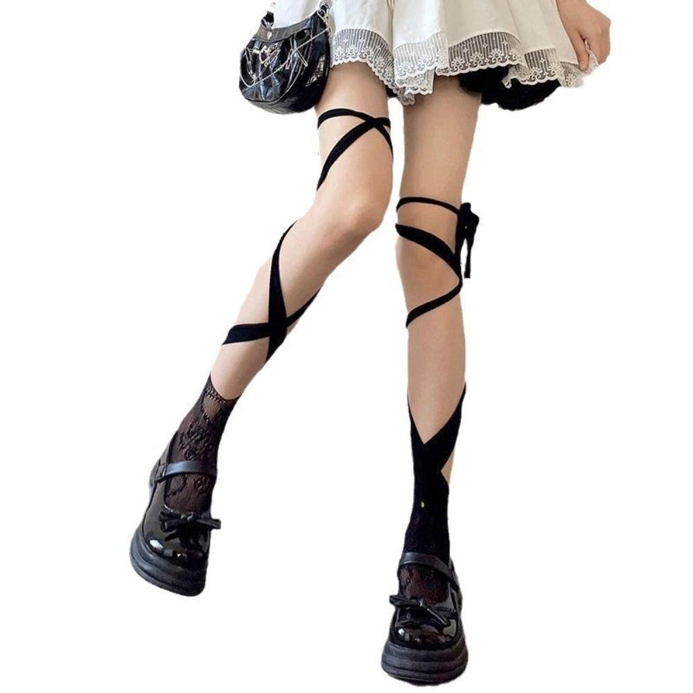 2Pairs Irregular Straps JK Lace-up Stockings Hollow Split Toe Socks  Ladies Girl