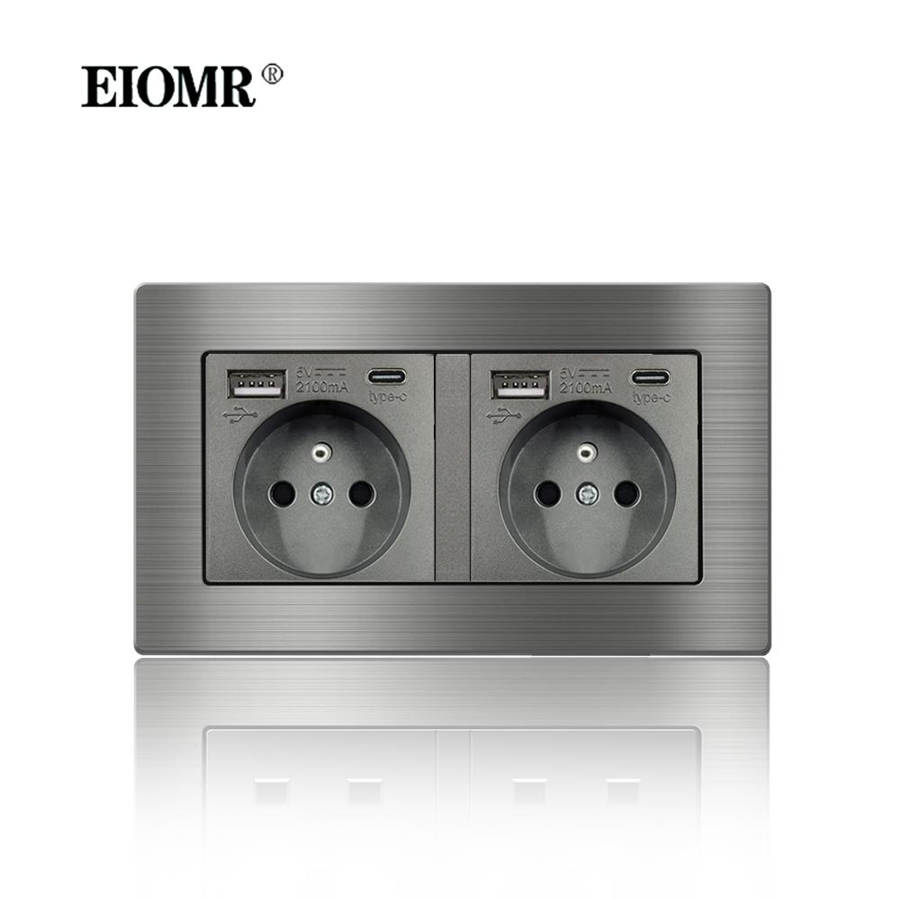EIOMR France Standard Electrical Socket Grey Aluminum Alloy Panel Light Switch Rj45 Tv 220V 16A Wall Outlets for Home Appliance