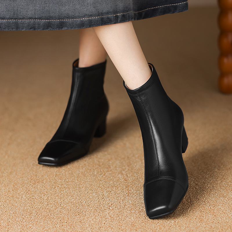 Krazing Pot Kuhleder Winter Dicke Mittelhohe Absätze Chelsea Boots Basic Design Damen Slipper Größe 43 Streetwear Stiefeletten