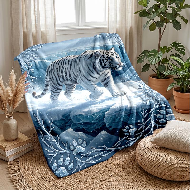 White Tiger in Flowers Theme blanket Lightweight Warm Flannel Blanket Decorative Throw Blanket for Home Decoration