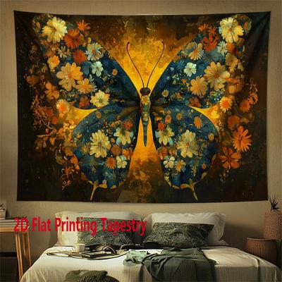 Brightly Colored Flowers and Butterflies Digital Printing Polyester Wall Tapestry Suitable Use Living Rooms Offices Bars Party
