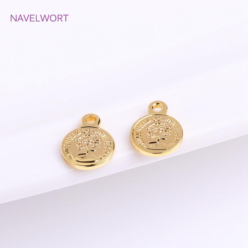 8mm 14K Gold Plated Tiny Coin Charms With Queen Avatarm,Brass Metal Round Coin Charms For Bracelet Making Accessories Wholesale