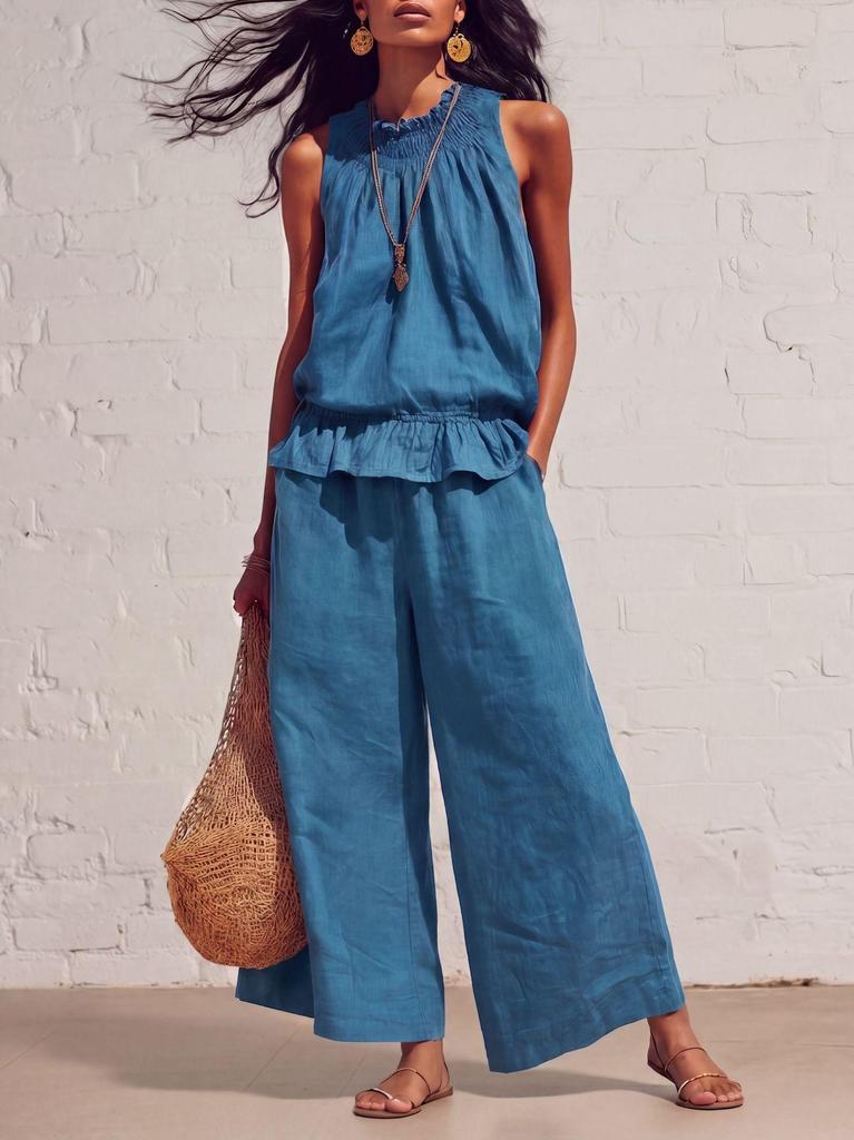 Europäisches & Amerikanisches Damen Retro Bohemian Rüschen Baumwoll-Leinen Zweiteiliges Set für Frühling und Sommer 2026