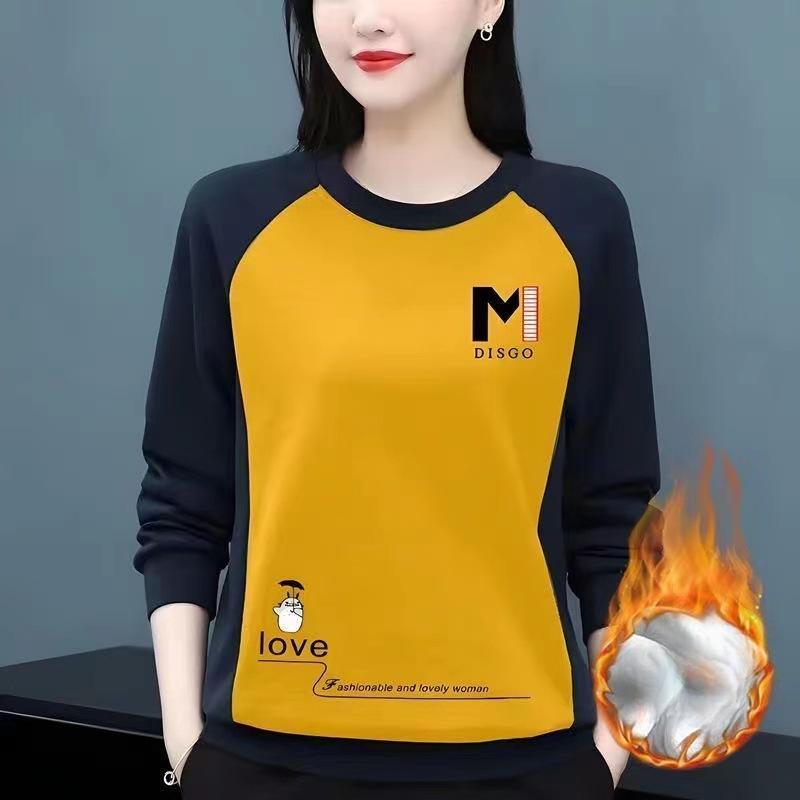 Nuevas Camisetas Base de Terciopelo en Contraste para Otoño e Invierno, Sudadera de Capa para Mujer, Camiseta de Manga Larga para Mujer