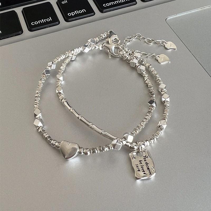 Korean Style S925 Sterling Silver Heart-Shaped Bracelet for Women - Niche Exquisite Aesthetic with Broken Silver Beads