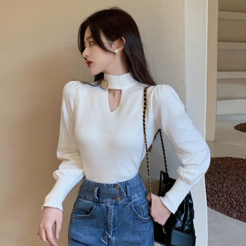 Meia gola alta malhas pulôver camisola feminina clavícula manga longa outono e inverno casual sólido camisola pulôver topos
