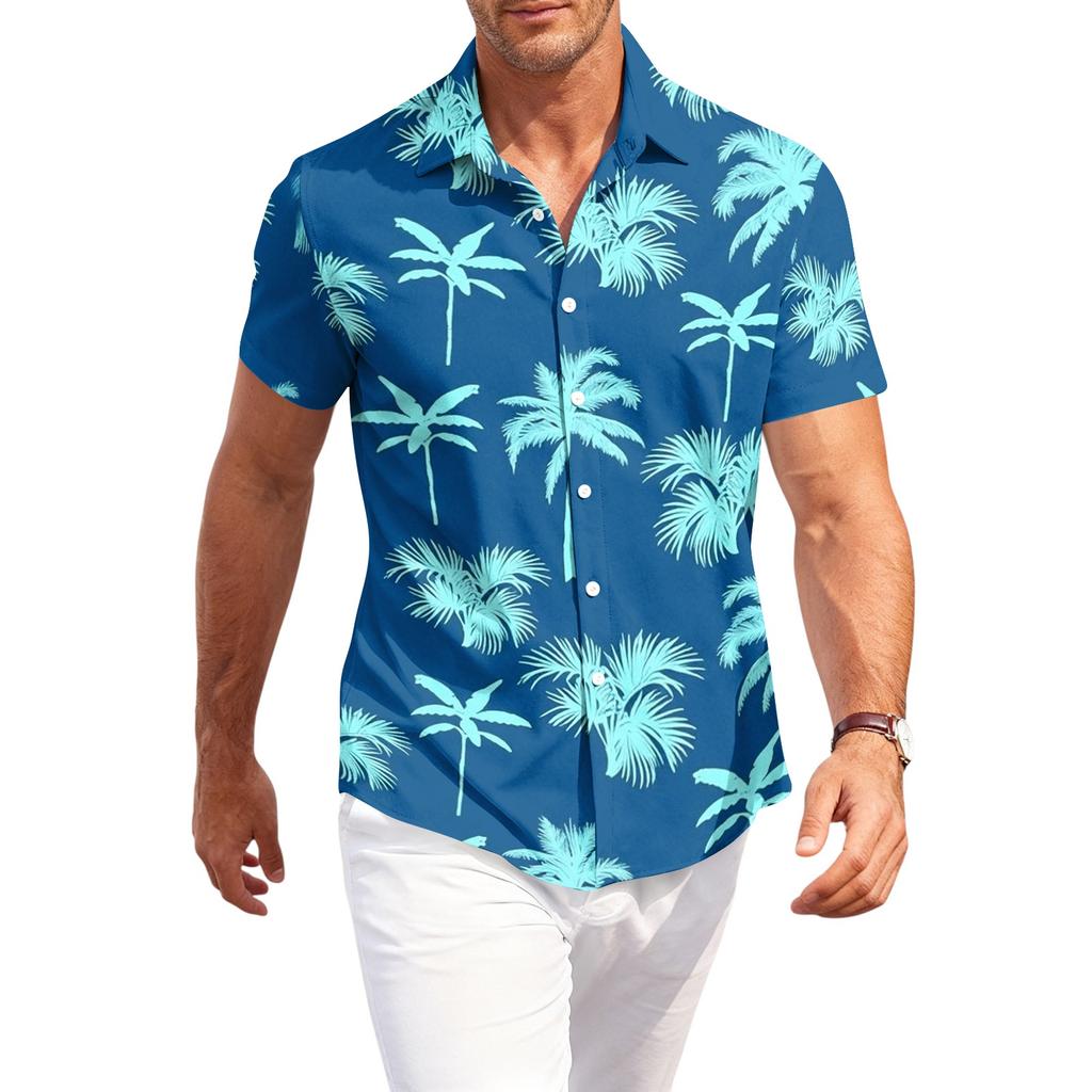 Men's Casual Loose Fit Short Sleeve Hawaiian Shirt Button Down Lightweight Summer Beach Shirt with Shark Print Design
